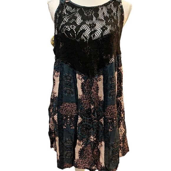 Free People Black Blue Print Count Me In Trapeze Sleeveless Tunic Size Small New - Picture 6 of 15